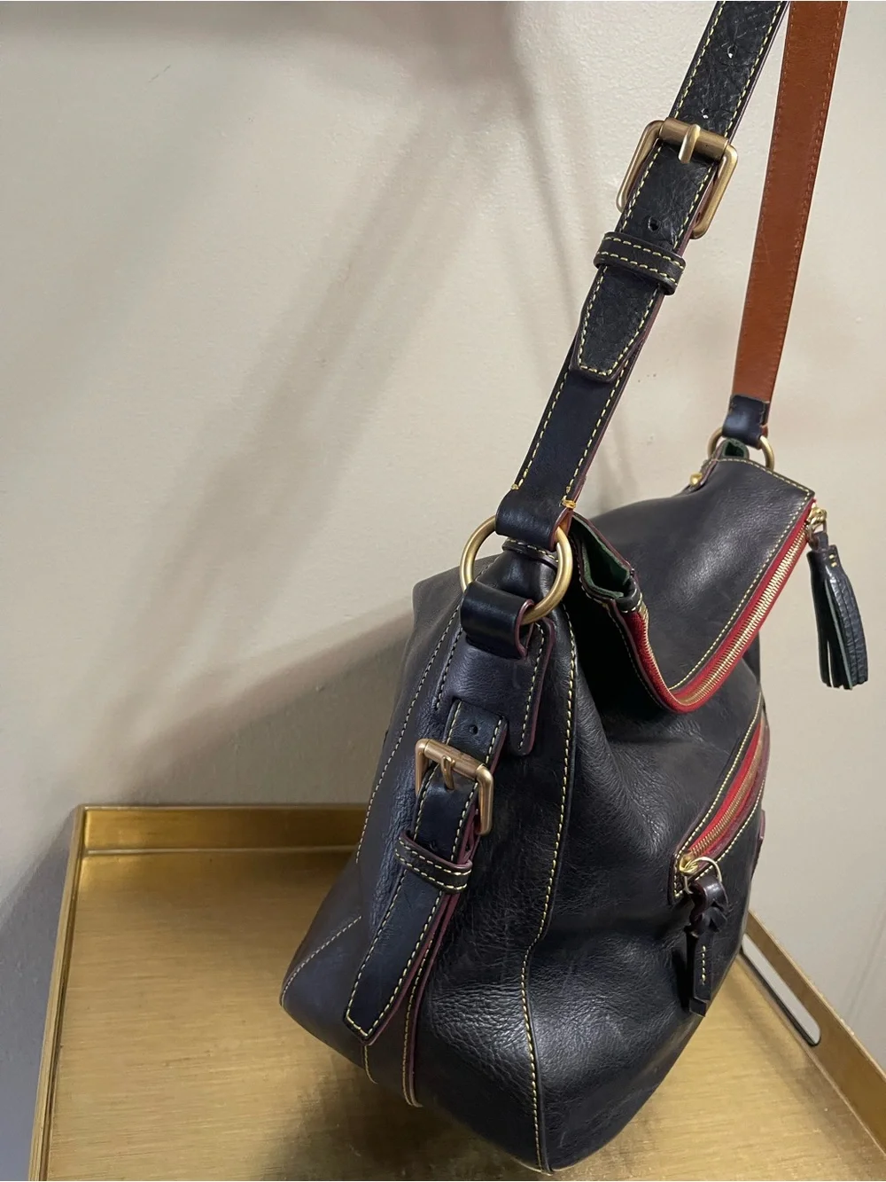 Dooney & Bourke Dark Brown Leather Hobo with Red Zip and Tan Strap